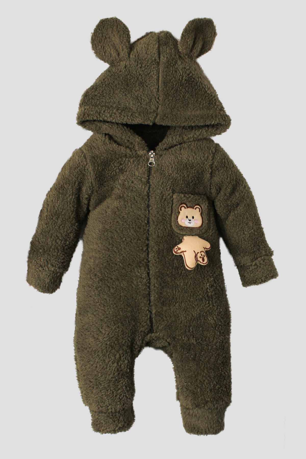 Peluş Ayıcık Cepli Kulaklı Kapüşonlu Kışlık Bebek Tulum Taba 0 24 Ay